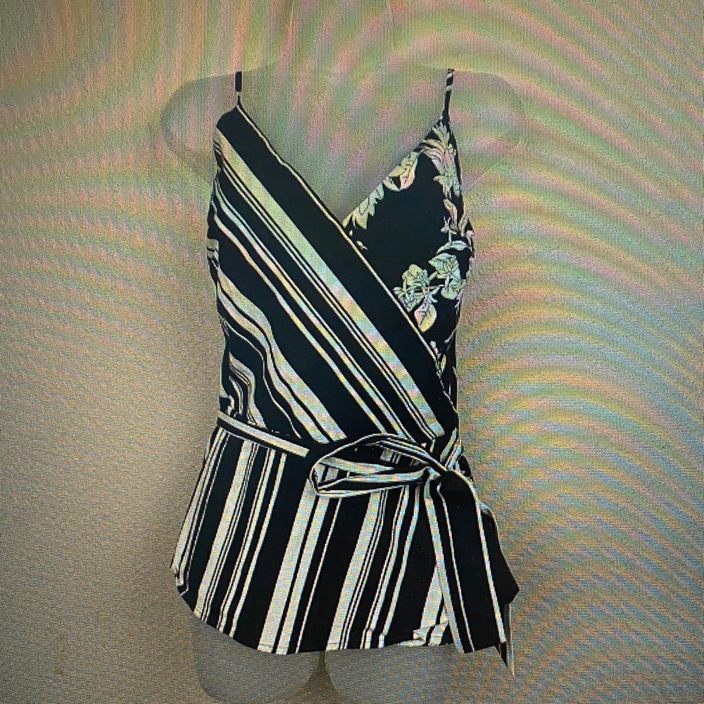 Striped and Floral Wrap Cami Top - Black/White